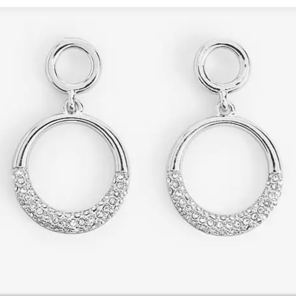 Express Silver Double circle rhinestone drop earrings NWT - Picture 2 of 6